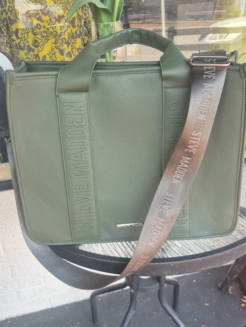 Steve Madden Olive Pebbled Laptop Tote with Branded Strap